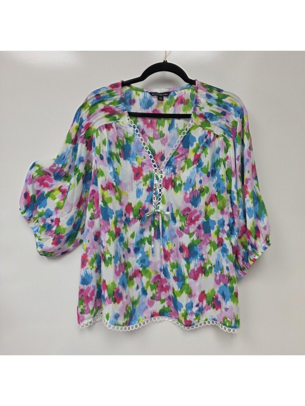 Zac & Rachel Woman Shirt Womens 2X Floral Crochet V Neck Sleeve Tunic Boho Top